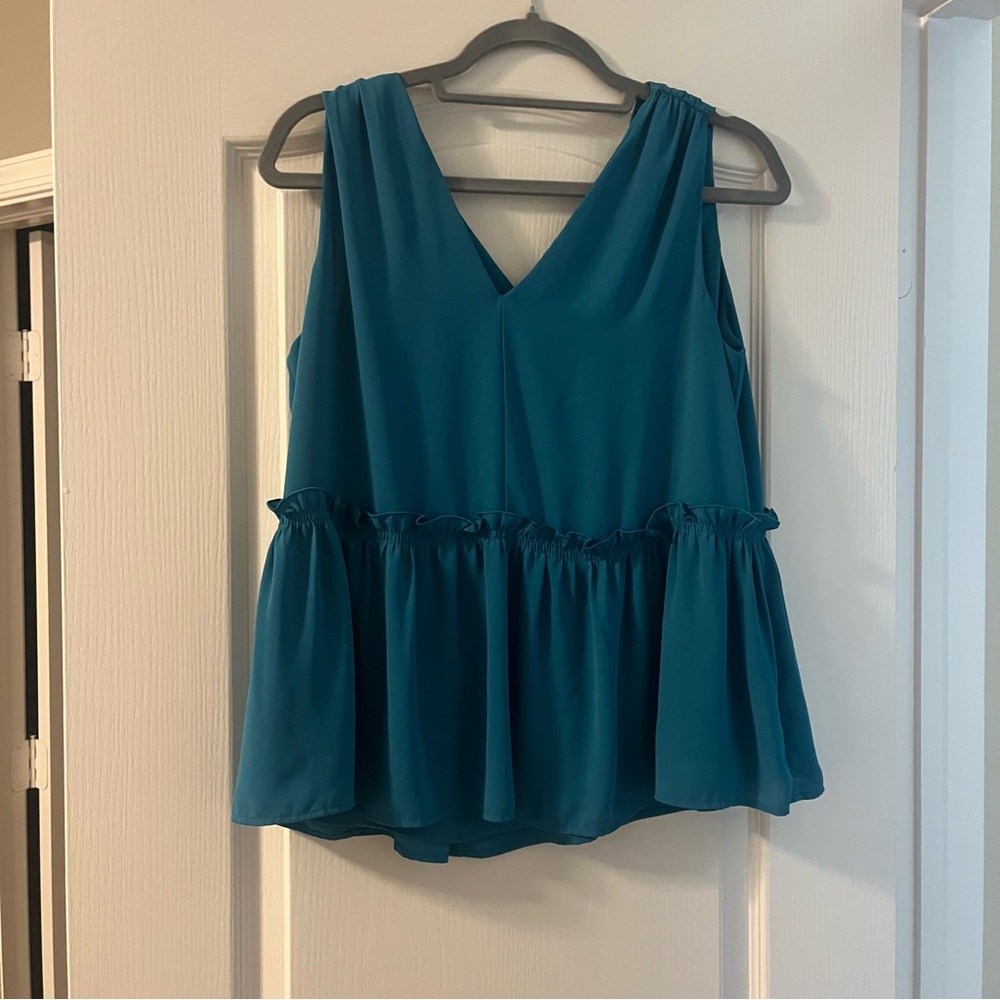 LOFT Teal Blue V-Neck Scrunched Shoulder Ruffle Blouse Size Small